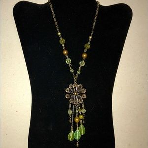 Green, Antique Pearls & Antique Brass Necklace